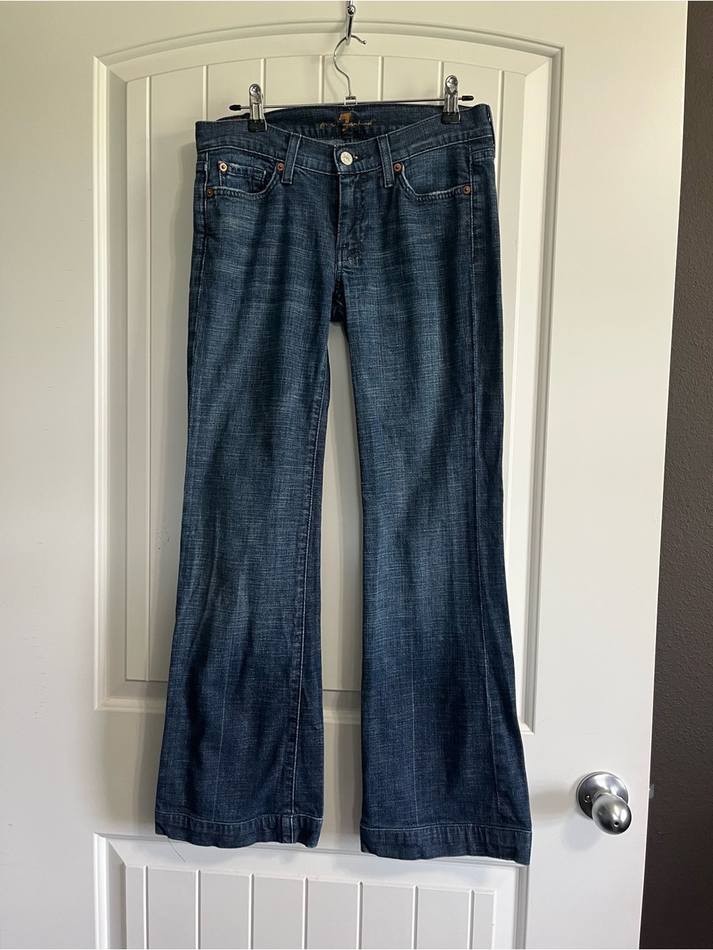 7 For All Mankind Dojo Flare Jeans 27 Size 27 Dark Wash Y2K Embroidered